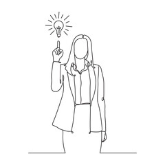 Businesswoman pointing light bulb line drawing hand drawn minimalist illustration.