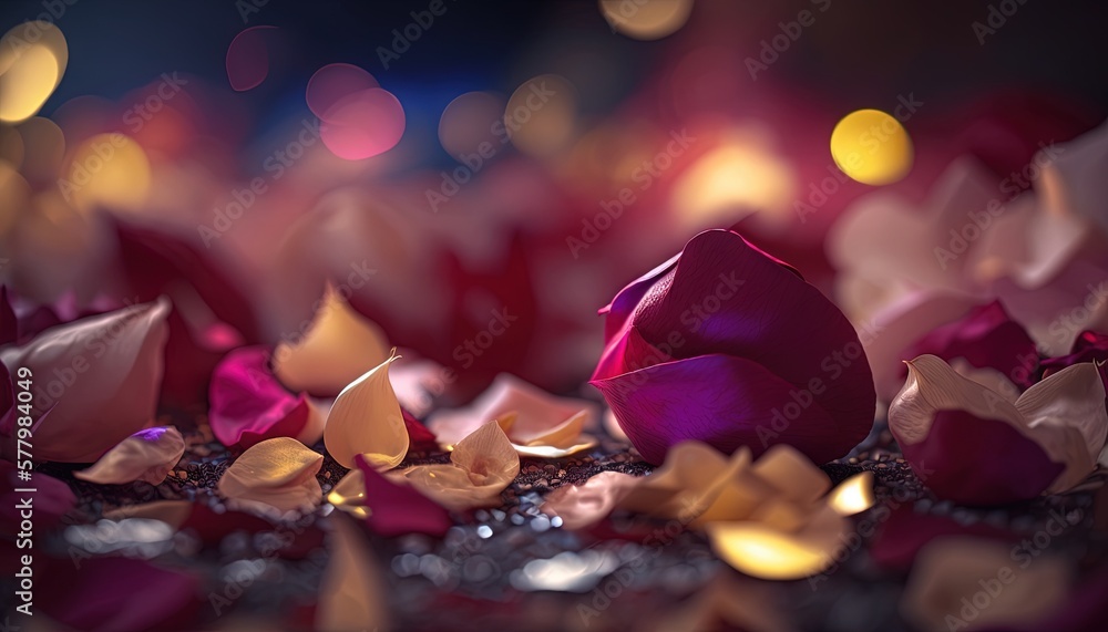 Poster a flower that is sitting on a table with petals on it. generative ai