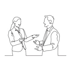 Businesman and businesswoman talking line drawing illustration.