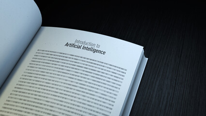 Artificial Intelligence concept. Opened book introducing AI with binary code page. 3d rendering.