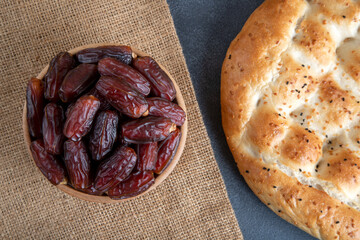 Date fruits,traditional ramadan pita,top view