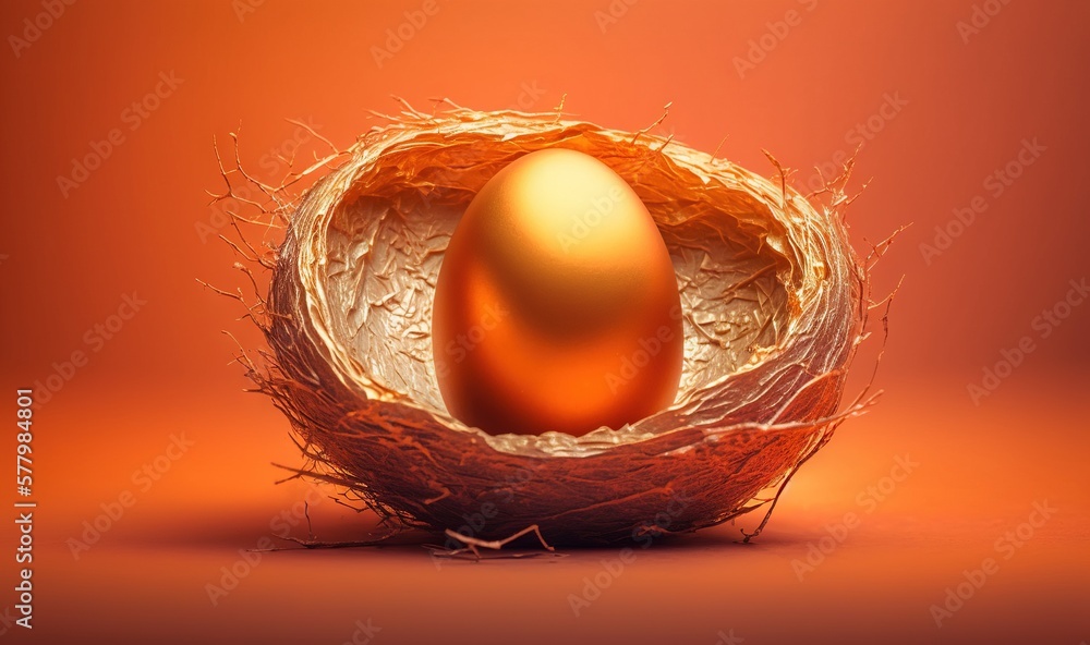 Poster a golden egg in a nest on an orange background with a red background and a red background with a red