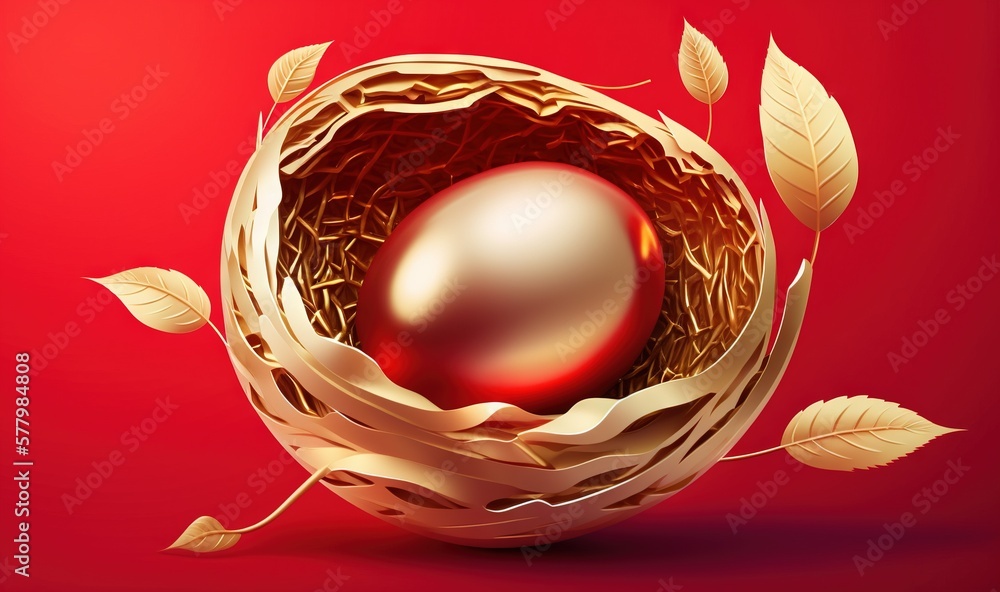 Poster a golden egg in a nest with leaves on a red background with a red background and a red background wi
