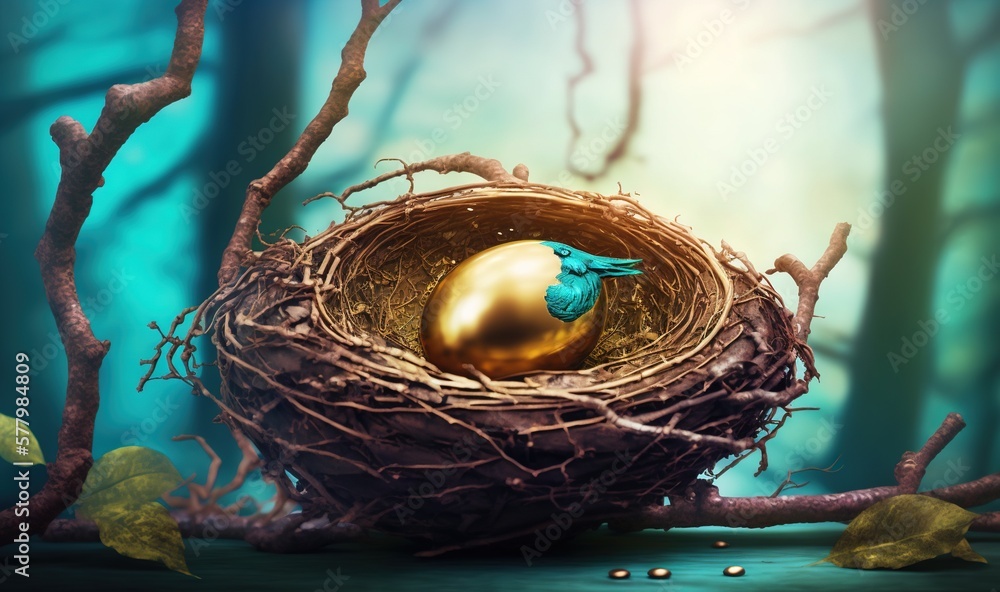 Poster a bird nest with a golden egg in the middle of a forest with leaves and branches on the ground and a