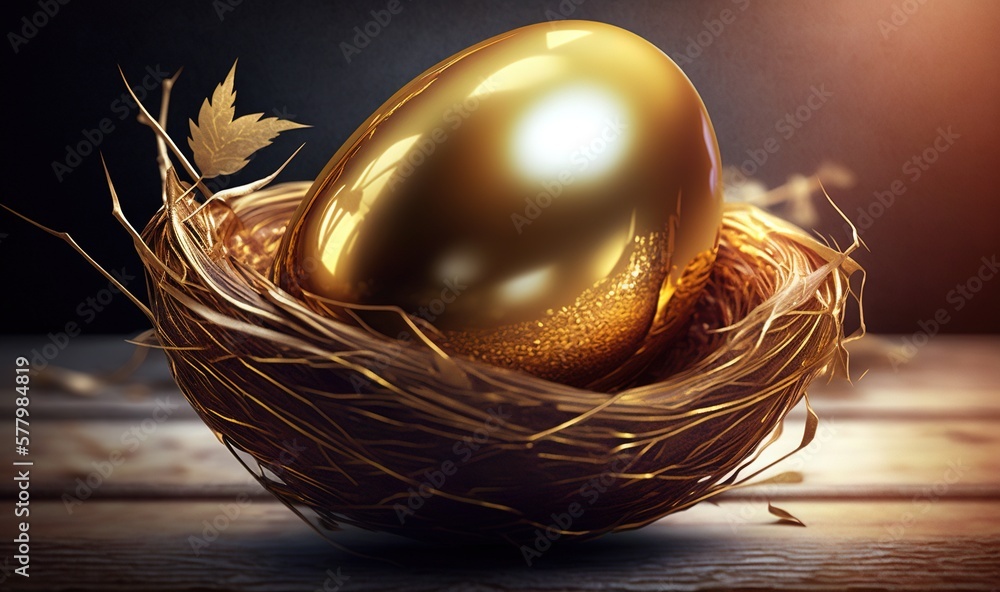 Poster a golden egg sitting in a nest on a wooden table with a leaf on the side of the nest and a dark back