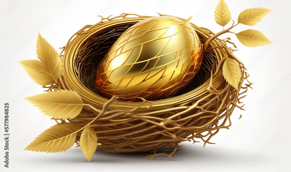 Poster a golden egg in a nest with leaves on a white background with a shadow of the egg in the nest and th