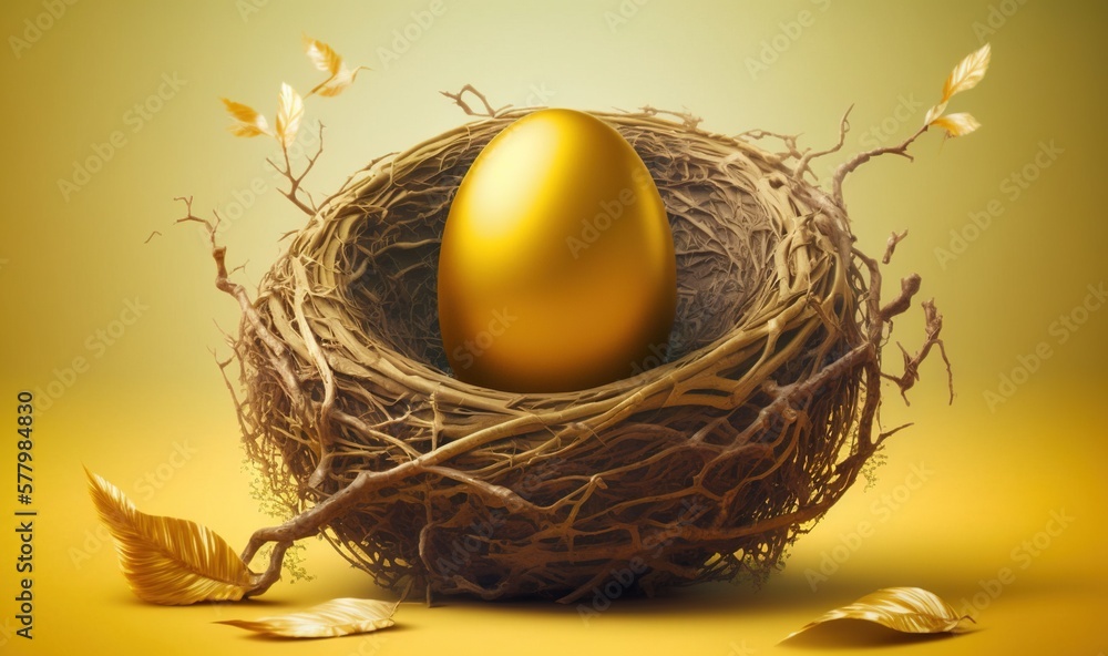 Poster a golden egg sitting in a nest with leaves around it on a yellow background with a yellow background