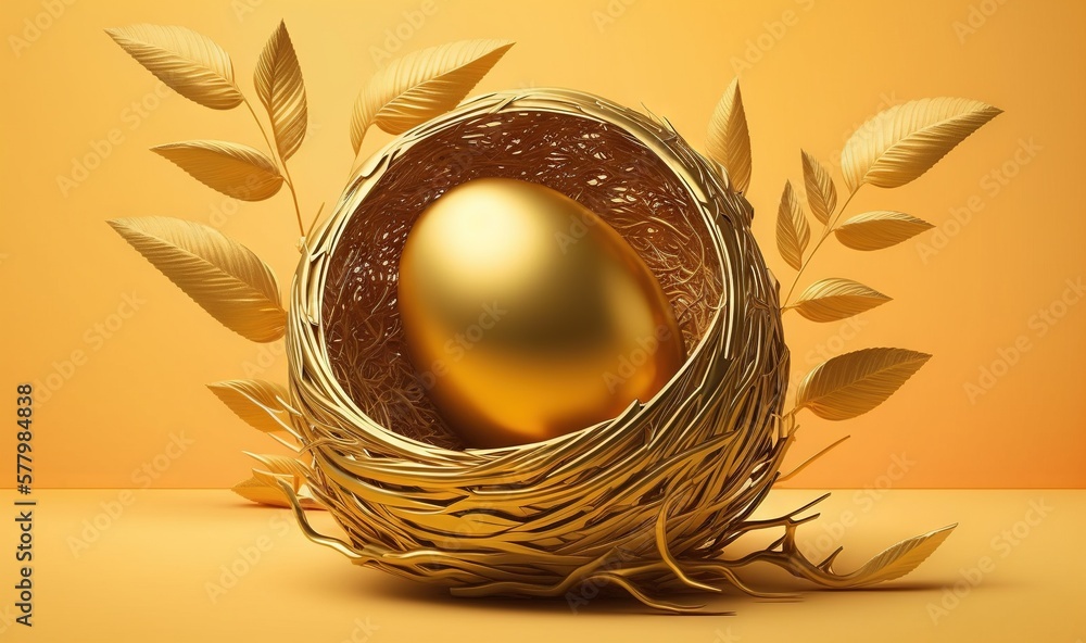 Poster a golden egg in a nest with leaves on a yellow background with an orange background and a yellow bac