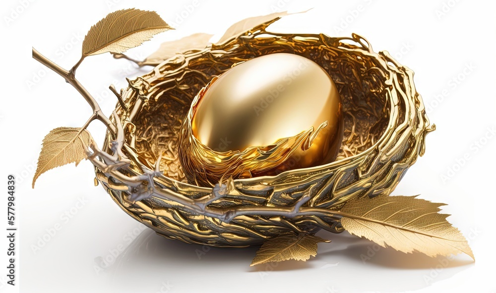 Poster a golden egg in a nest with leaves on a white background with a white background and a gold egg in a