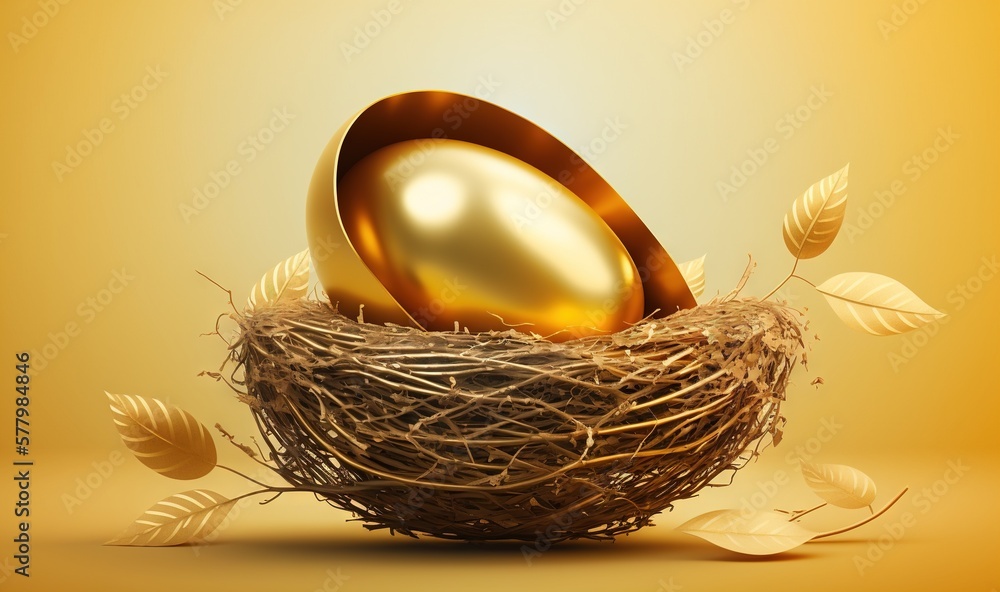 Poster a golden egg in a nest with leaves on a yellow background with a golden egg in the center of the nes