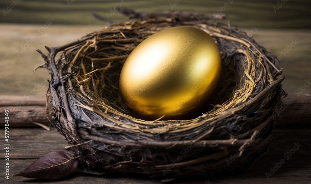 Poster a golden egg in a nest on a wooden surface with a leaf on the side of the nest and a brown leaf on t