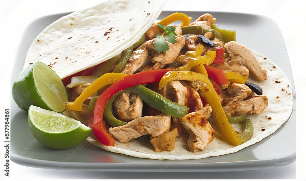 Poster a plate of chicken fajita with a lime wedge on the side and a lime wedge on the side of the plate wi