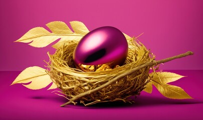 a purple egg sitting in a nest with leaves on a pink background with a pink background behind it and a pink background with a pink background.  generative ai
