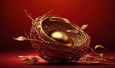  a golden egg in a nest with leaves on a red background stock photo - 12299997, shuttered to red.  generative ai