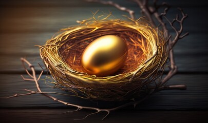  a golden egg sitting in a nest on a wooden table with branches and twigs around it, with a dark background, with a soft focus on the golden egg.  generative ai