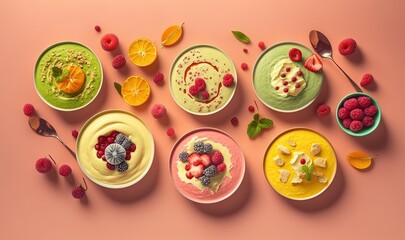  a variety of desserts are arranged on a pink surface with berries, oranges, raspberries, and other fruit toppings.  generative ai