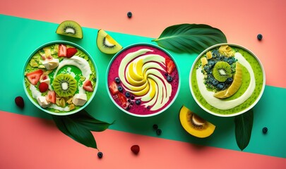  three bowls of fruit are arranged on a colorful surface with leaves and berries on the sides of the bowls are cut in half and placed on top of each other bowls.  generative ai