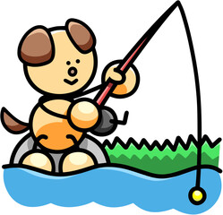 水辺で釣りをするわんまるのイラスト　犬
