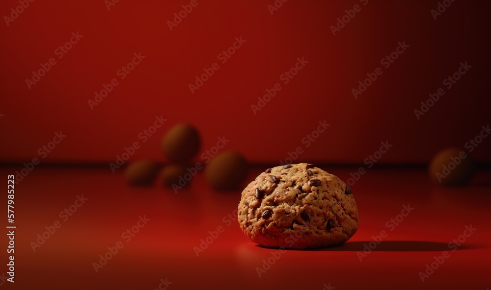 Poster a chocolate chip cookie sitting on top of a red table next to some chocolate balls on a red tableclo
