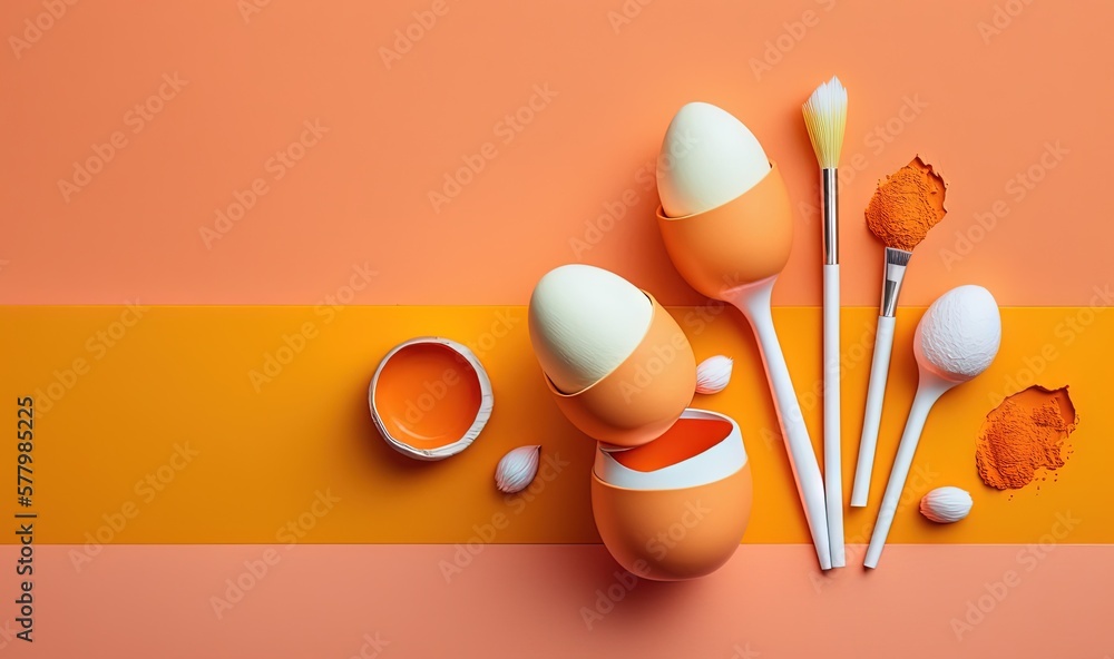 Poster a group of paint brushes and eggs on a pink and orange background with a yellow strip in the middle 