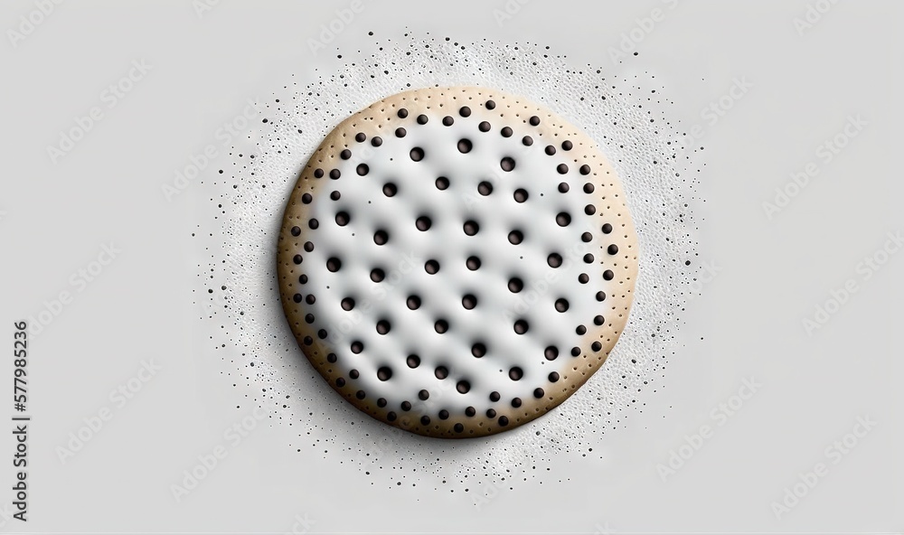 Poster a cookie with holes on it sitting on a white tablecloth with black dots on it and a white background