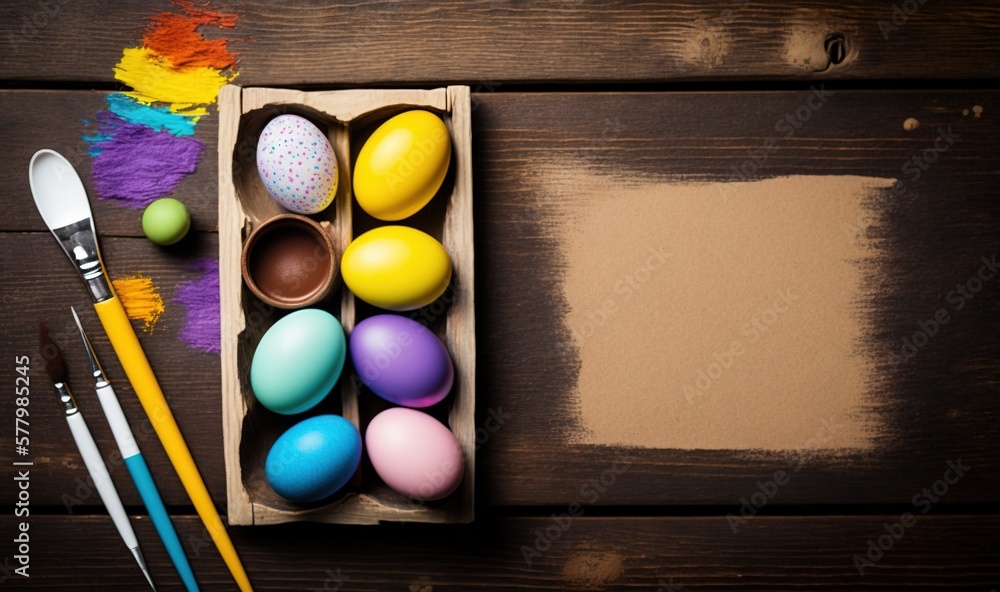 Poster a box of painted eggs with a paintbrush next to it on a wooden surface with a blank space in the mid