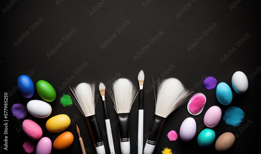 Poster a group of different colored brushes next to each other on a black surface with eggs and paintbrushe
