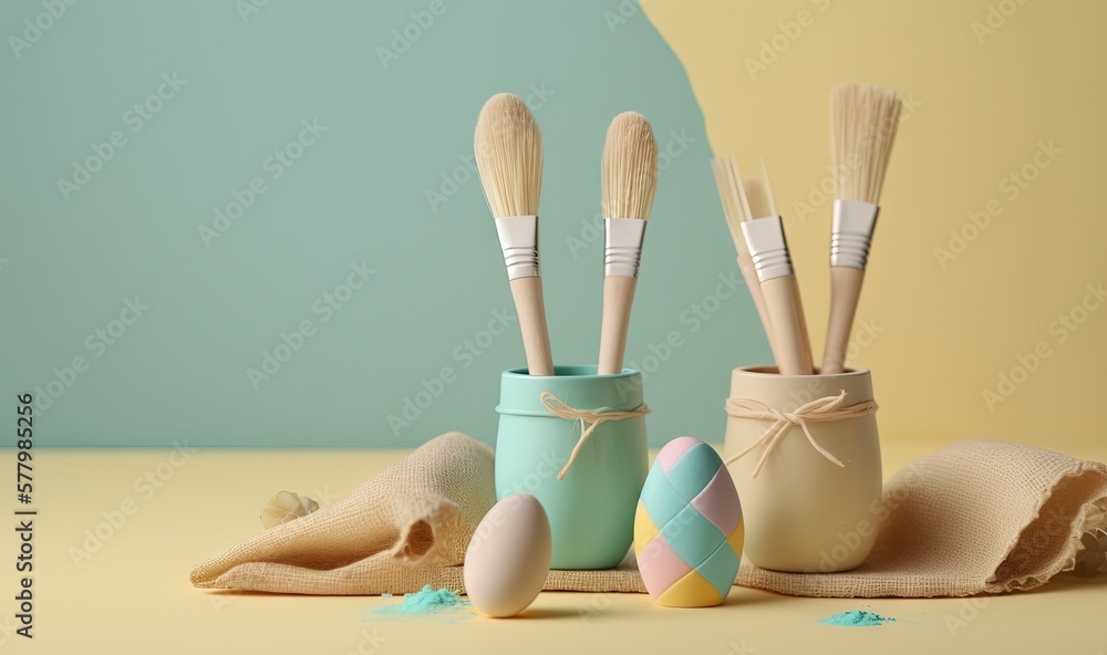 Poster a group of toothbrushes in a jar next to an egg and a towel on a table with a blue background and a 