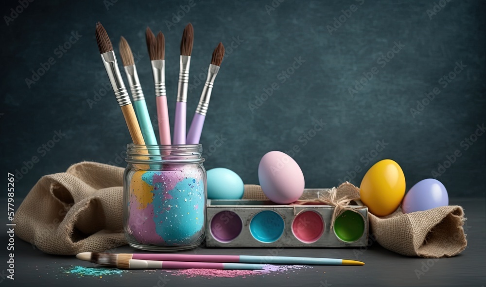 Poster a jar filled with paint and brushes next to a bunch of eggs and eggshells on a tray with burlocks of