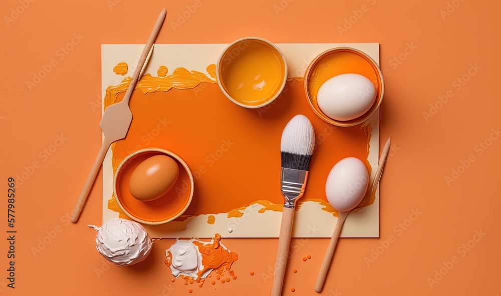 Poster a table topped with bowls and paint brushes next to an egg and a bowl of eggs on a table top with or