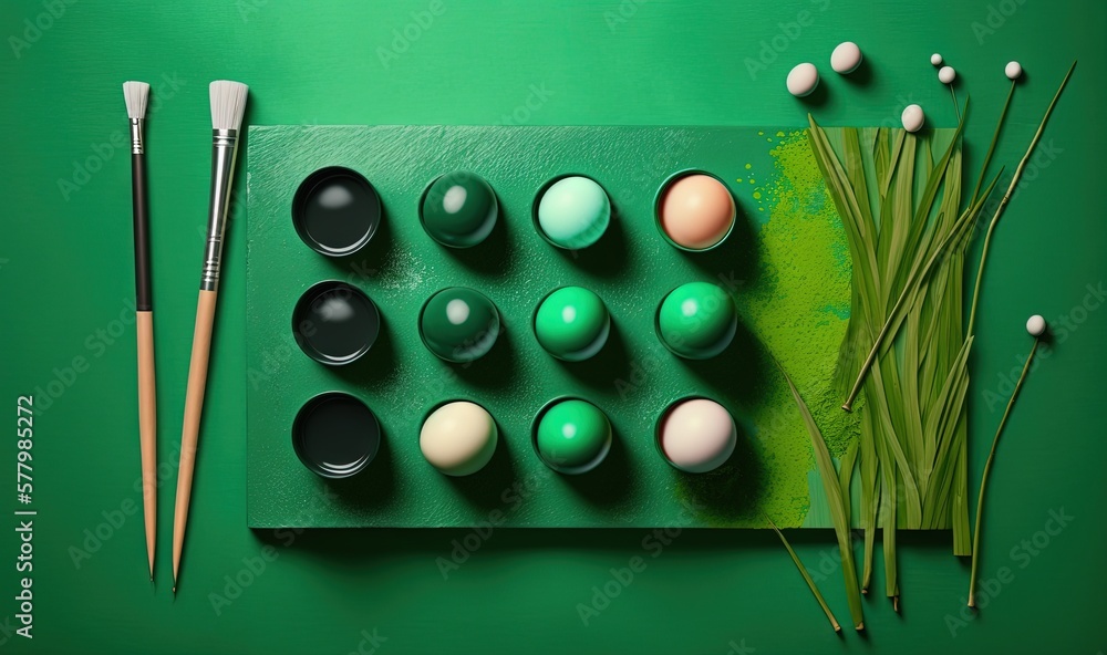 Poster a green table with a green tray of eggs and a pair of paint brushes next to it on a green surface wi