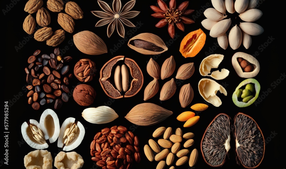 Poster a variety of nuts and seeds on a black background with a reflection of the nuts in the middle of the
