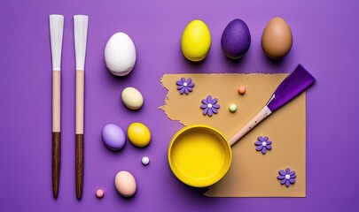  a table topped with eggs and a paintbrush on top of a purple table cloth next to eggs and a spatula on a piece of paper.  generative ai