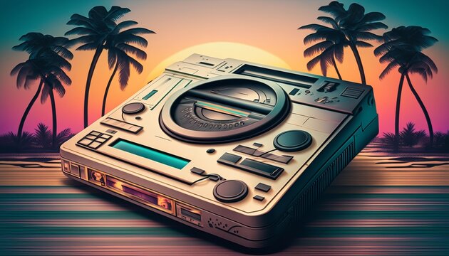 Audio CD PLAYER palm 90s. Modern collage in retro colors for party design.