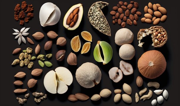 a variety of nuts and seeds on a black background, including almonds, pistachios, almonds, almonds, and more.  generative ai