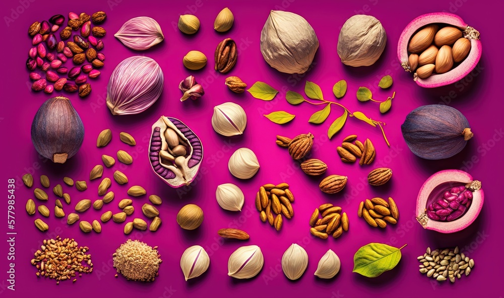Poster a collection of nuts and seeds on a purple background with a pink background and a purple background