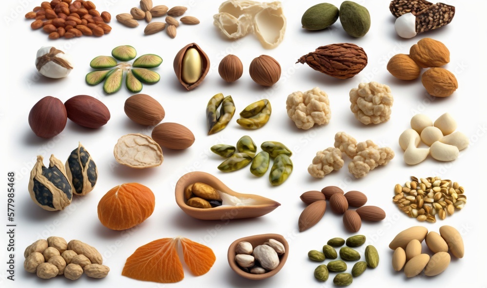 Poster a variety of nuts and seeds on a white background with a white background behind them is a picture o