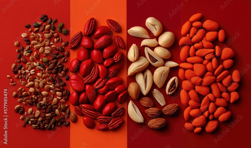 Poster three different types of nuts on a red, orange and red background with a red stripe in the middle of