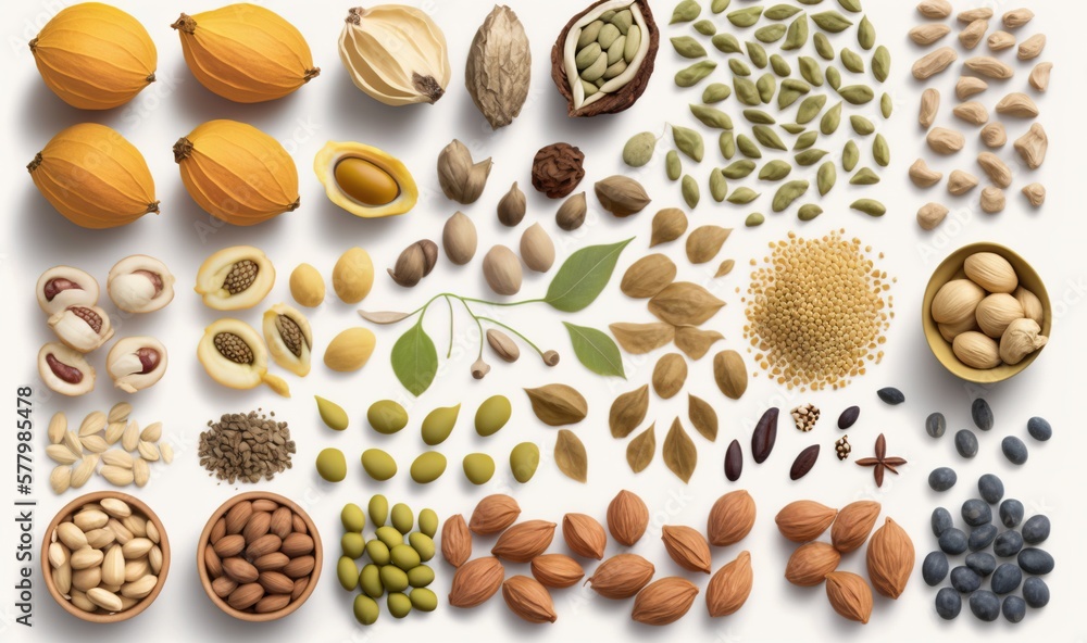Poster a variety of nuts and seeds on a white background with a white background and a white background wit
