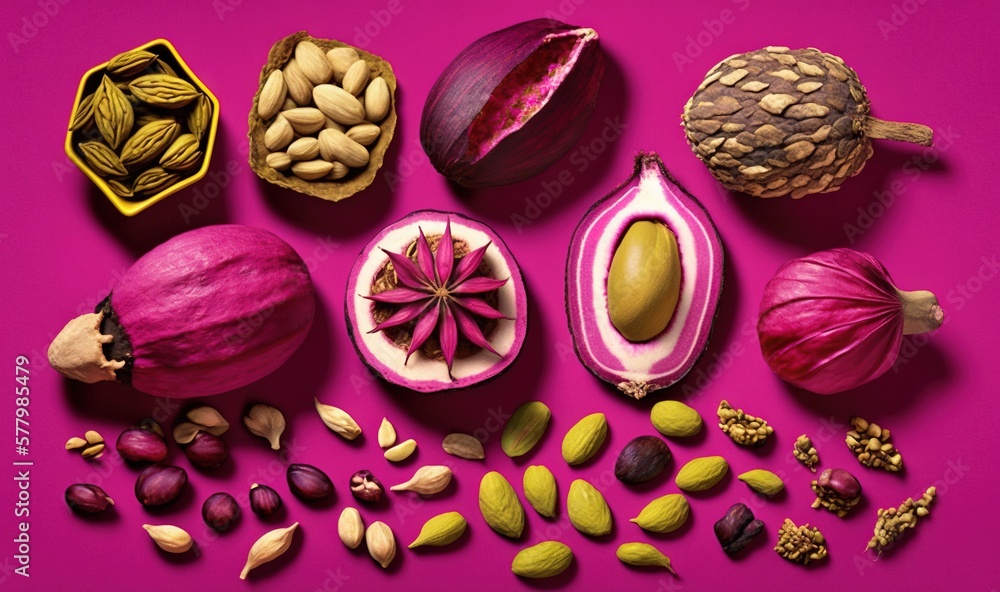 Poster a collection of different fruits and vegetables on a pink background with a purple background and a 