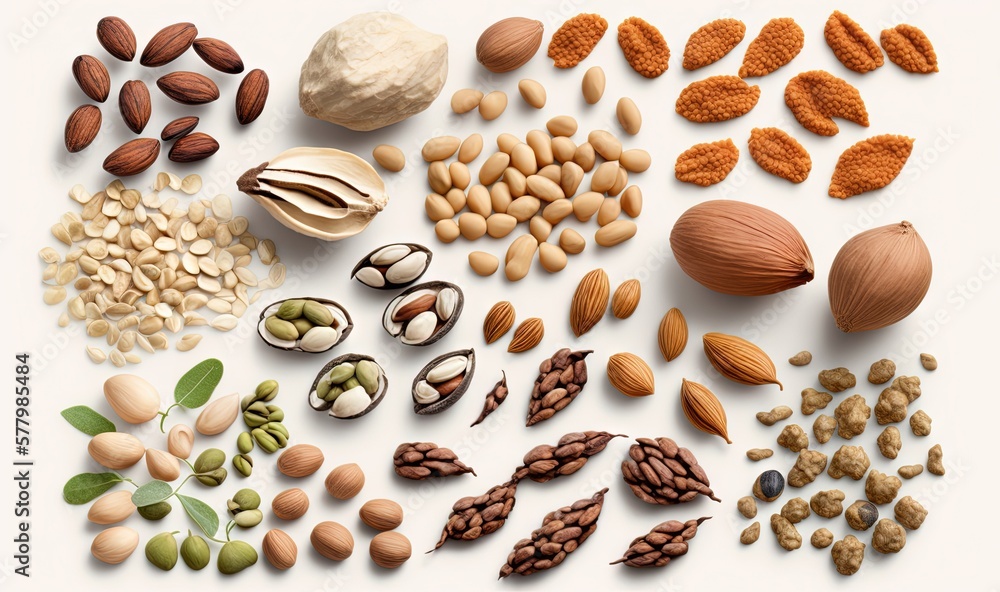 Poster a variety of nuts and seeds on a white background with a white background and a white background wit