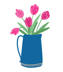 Branches of tulip flowers and green leaves. Bouquet of pink tulips. Floral march design. Greeting card template. Women's day festive vector illustration