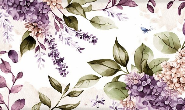  a watercolor painting of purple flowers and green leaves on a white background with a blue butterfly on the left side of the image and a blue butterfly on the right side of the.  generative ai