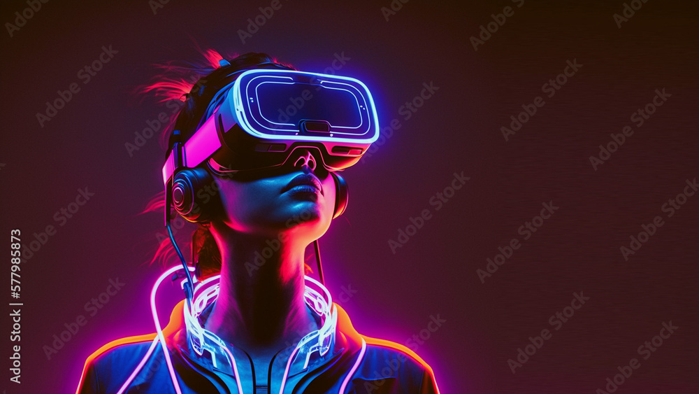Wall mural Young woman with neon lights wearing VR headset and experiencing virtual reality simulation, metaverse and fantasy world. - Wall murals