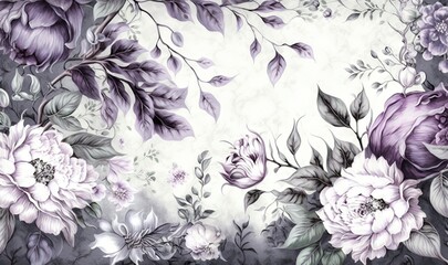  a floral wallpaper with purple flowers and leaves on a gray background with a white border around the edges of the flowers and leaves on a gray background.  generative ai