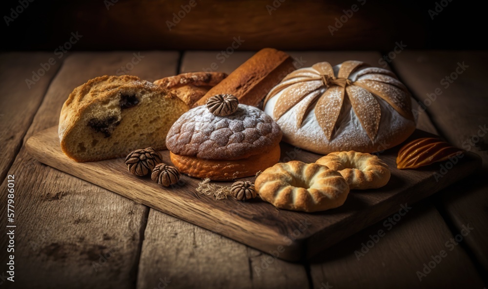 Poster  a wooden cutting board topped with different types of breads and pastries on top of a wooden table next to a slice of bread.  generative ai