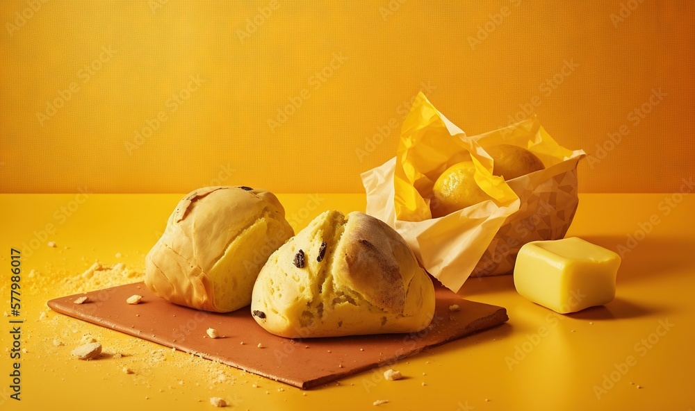 Poster a couple of rolls sitting on top of a cutting board next to a bag of cheese and a block of butter on