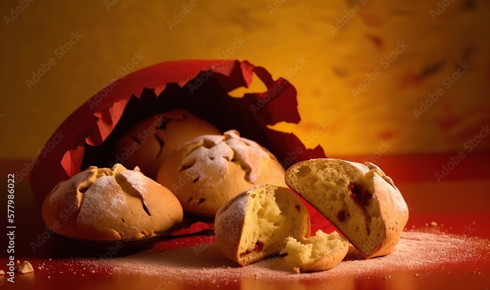 Poster a group of breads sitting on top of a red counter top next to a yellow wall and a broken egg shell o