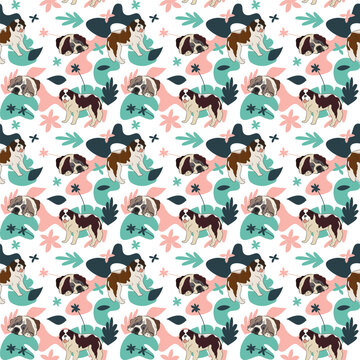 St Bernard dog wallpaper with leaves, palms, flowers, plants. Pastel green, pink, navy. Holiday abstract natural shapes. Seamless floral background with dogs, repeatable pattern. Birthday wallpaper. 