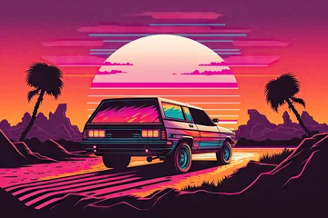 Keuken spatwand met foto 80s style illustration with car driving into sunset. Generative AI © NENUMI
